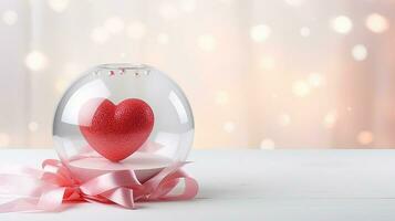 A snow globe Sparkling on a shiny background, love hearts. For Valentine's Day greetings, postcard, poster. free space in the background photo