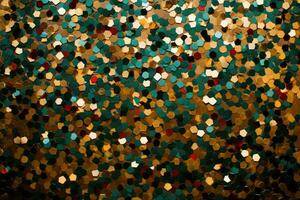 AI generated. Multicolored sparkle festive green and golden confetti background. photo