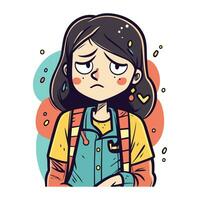 Sad girl with backpack. Vector illustration in cartoon style on white background.