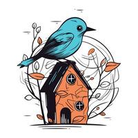 Hand drawn vector illustration of a bird sitting on the birdhouse.