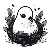 Hand drawn vector illustration of a cute white bird in a nest.