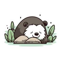 Cute cartoon hedgehog sleeping in the jungle. Vector illustration.