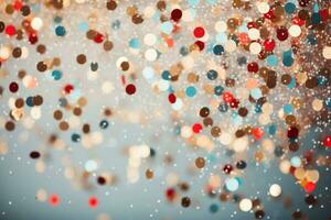 AI generated. Abstract festive blue background with red and golden sparkle confetti circles. photo