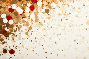 AI generated. Abstract festive white background with golden and red sparkle confetti circles. photo