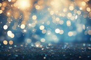 AI generated. Abstract festive blue bokeh background of defocused golden sparkle circles photo