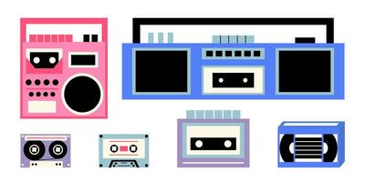 Vector classic 80s and 90s music gadgets set. Flat style retro elements 90s and 80s. Vecftor boombox, tape recorder, record player, audio cassette, vhs cassette