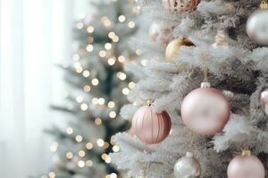 ai generado. cerca arriba de pastel rosado Navidad árbol juguete pelota decoración en un mullido cubierto de nieve abeto rama foto