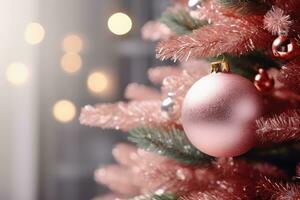 ai generado. cerca arriba de pastel rosado Navidad árbol juguete pelota decoración en un mullido abeto rama foto