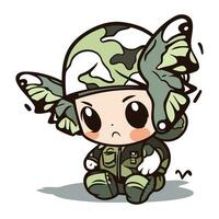 Cute little boy in soldier costume with butterfly wings. Vector illustration.