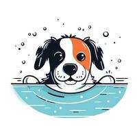 Cute dog swimming in the sea. Vector hand drawn illustration.