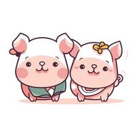 Cute pig and piglet in kawaii style. Vector illustration.