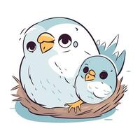 Pair of cute cartoon owls in nest. Vector illustration.