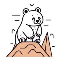 Cute bear sitting on top of mountain. Vector illustration in linear style