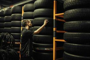 Portrait of a male mechanic working with tires in a car repair shop. ai generated. Pro photo