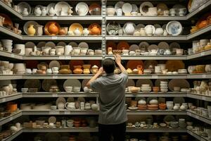 Rear view of a young man choosing ceramic products in a store. Ai generated. Pro photo