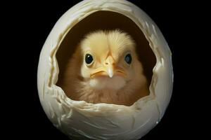 chick in egg shell on a black background. easter concept. ai generated. Pro photo