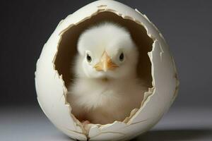 polluelo en huevo cáscara en un negro antecedentes. Pascua de Resurrección concepto. ai generado. Pro foto