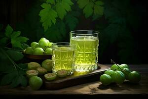 Grape juice in a glass and fresh amla on a wooden table. ai generated. Pro photo