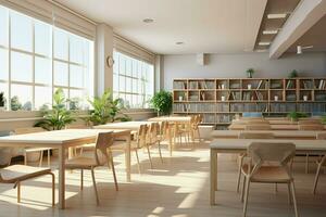 Interior of modern classroom with white walls, concrete floor, rows of green chairs and empty whiteboard. 3d rendering. ai generated. pro photo