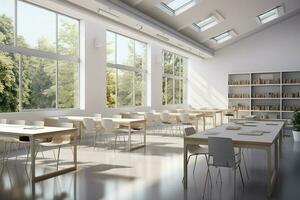 Interior of modern classroom with white walls, concrete floor, rows of green chairs and empty whiteboard. 3d rendering. ai generated. pro photo