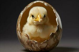 chick in egg shell on a black background. easter concept. ai generated. Pro photo
