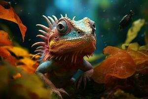 chameleon on the background of autumn leaves, closeup. Ai generatede. pro photo