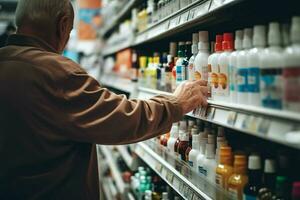 Side view of a young man choosing medicine in a drugstore. ai generated. Pro photo