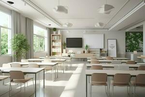 Interior of modern classroom with white walls, concrete floor, rows of green chairs and empty whiteboard. 3d rendering. ai generated. pro photo