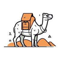 Camel in the desert. Vector illustration in flat line style.