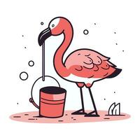 Flamingo and bucket. Vector illustration in doodle style.