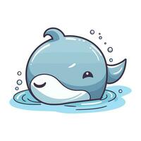 Cute cartoon whale swimming in the water. Vector illustration on white background.