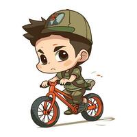 Cute little boy in a military uniform riding a bicycle. Vector illustration.