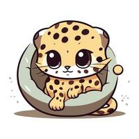 linda dibujos animados bebé leopardo sentado en un bol. vector ilustración.