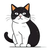 Black and white cat sitting on a white background. Vector illustration.