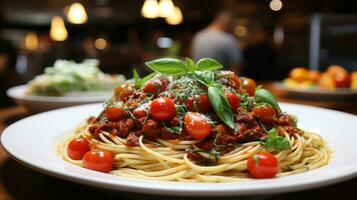 Spaghetti with mushrooms and tomatoes. AI Generated. photo