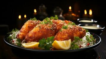 Close-up of fried cheese balls on a plate with candles in the background. AI Generated. photo