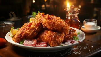 Fried chicken drumsticks with sesame seeds on table. AI Generated. photo