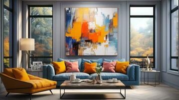 Modern bright living room interiors with art wallpaper. AI Generated. photo