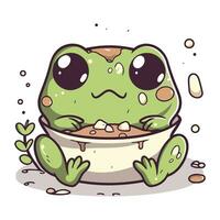 Cute cartoon frog sitting in a bowl of food. Vector illustration.