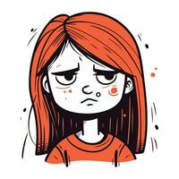 enojado pequeño niña con rojo cabello. vector ilustración en bosquejo estilo.