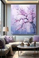 Interior of modern living room with purple sofa and flower in vase. AI Generated. photo