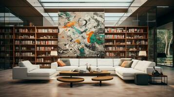 Modern bright living room and book shelf interiors with art wallpaper. AI Generated. photo