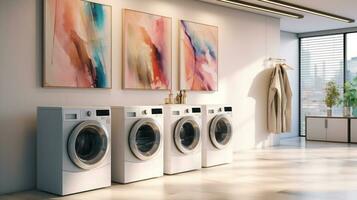 Modern bright washing room interiors with art wallpaper. AI Generated. photo