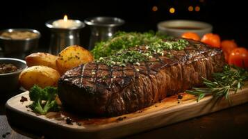 Grilled beef steak with baked potatoes and vegetables on a wooden board. AI Generated. photo