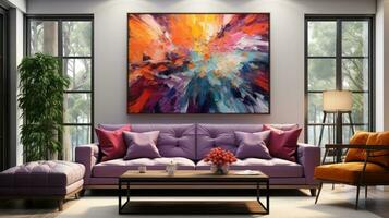 Modern bright living room interiors with art wallpaper. AI Generated. photo