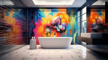 moderno brillante baño interiores con Arte fondo de pantalla. ai generado. foto