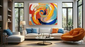 Modern bright living room interiors with art wallpaper. AI Generated. photo