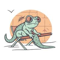 Cute chameleon sitting on a chair. Vector illustration.
