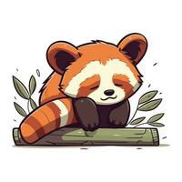 Cute little red panda sleeping on a log. Vector illustration.
