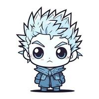 Cute anime boy with blue hair and blue coat. Vector illustration.